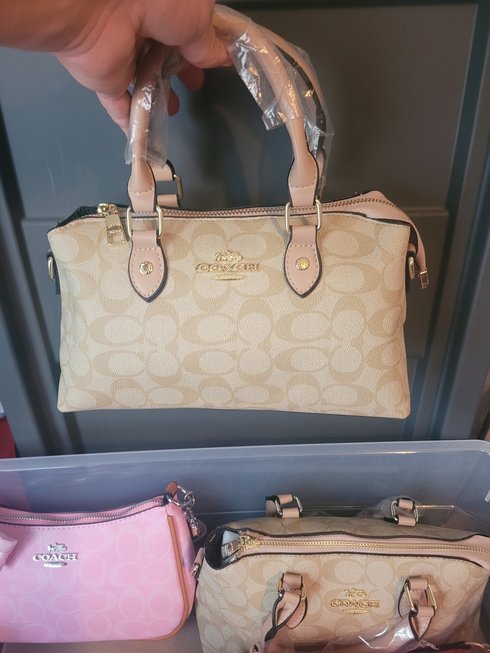 Coach Beige Signature Satchel with Pale Pink Trim